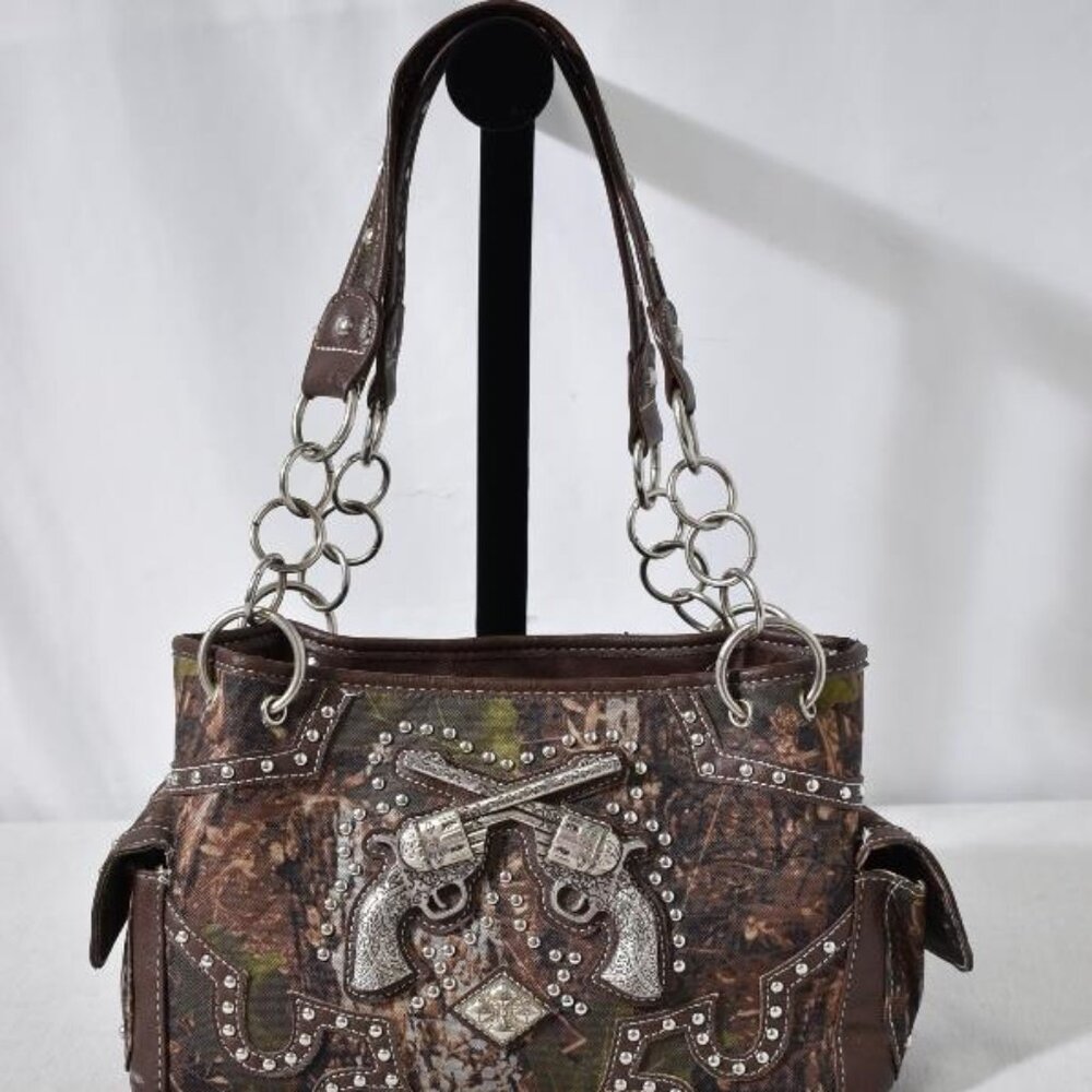 Camo purse with  metal and jewel accents.